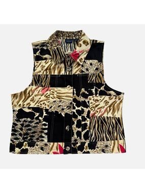 Westbound Vest Cotton Womens Large Animal Safari Print Button Up Tan Black